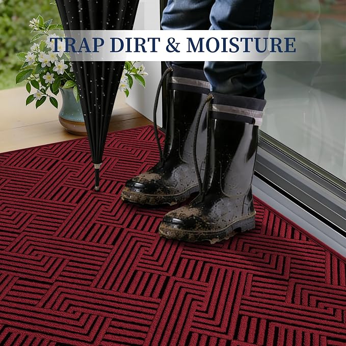 YIHOUSE Dirt Trapper Door Mat 20" x 32", Non-Slip Washable Entrance Mat, Dirt Resistant and Absorbent Welcome Mat, Low Profile Floor Mat for Front/Back Door, Entryway, Red - Image 2