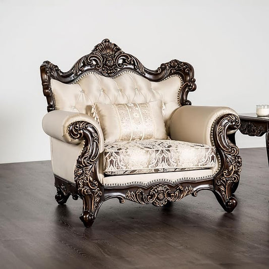 Furniture of America Zephyra Traditional Faux Leather Chair with Rolled Armrests and Accent Pillows, Wooden Comfortable Couch for Living Room, Office, Bedroom, Dark Cherry/Beige