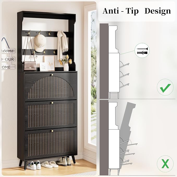 Fsbecl Shoe Cabinet for Entryway with 3 Flip Drawers & Coat Rack, Narrow Hidden Shoe Storage Cabinet with Fluted Panel, 2-in-1 Hall Tree Slim Freestanding Shoe Rack Organizer for Hallway, Black - Image 9