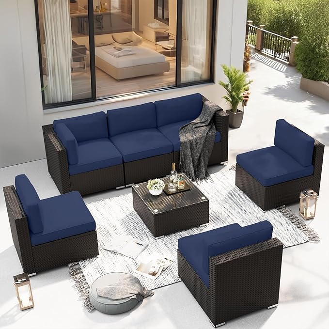 SUNCROWN 7-Piece Outdoor Patio Furniture Sofa Set All-Weather Wicker Sectional Cushioned Set with Modern Glass Coffee Table, Cushions and A Waterproof Cover(Dark Blue)