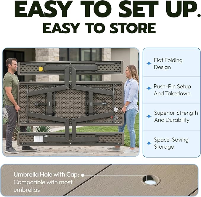 LIFETIME 6-Foot Folding Picnic Table with Benches, Seats 8, Heavy-Duty HDPE Tabletop, Steel Frame, Weather & UV Resistant Outdoor Picnic Table with Umbrella Hole - Image 5