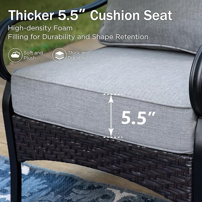 PHI VILLA Patio Furniture Set with 56" Fire Pit Table, Premium Outdoor Wicker Metal Frame Furniture with Upgraded Waterproof Thick Cushions for Porch, Poolside, Deck, and Yard （5 Pieces, Grey