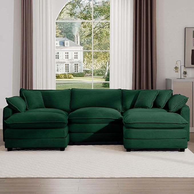 KEIKI 115" U-Shaped Oversized Corduroy Modular Sectional Sofa with 2 Ottoman, High-Density Foam Cushions, Removable Armrests, Upholstered 3-Seater Corner Couch with 5 Pillow, for Living Room, Green