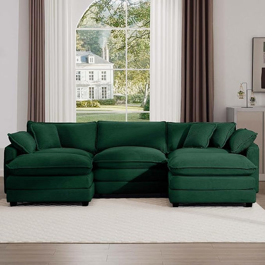 KEIKI 115" U-Shaped Oversized Corduroy Modular Sectional Sofa with 2 Ottoman, High-Density Foam Cushions, Removable Armrests, Upholstered 3-Seater Corner Couch with 5 Pillow, for Living Room, Green