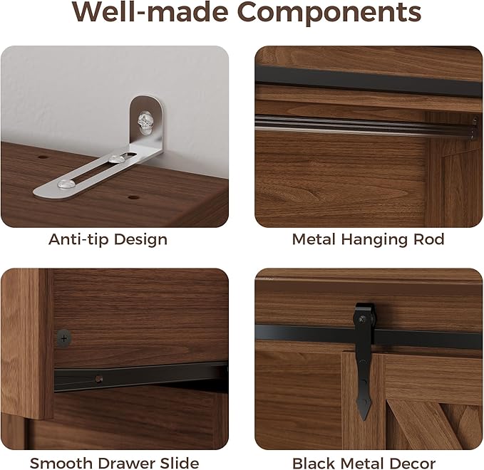 IRONCK Armoire Wardrobe Closet with 4 Drawers,71" Wardrobe Cabinet with Sliding Barn Doors, Tall Clothing Storage Cabinet with Hanging Rod and Shelves for Bedroom,Walnut