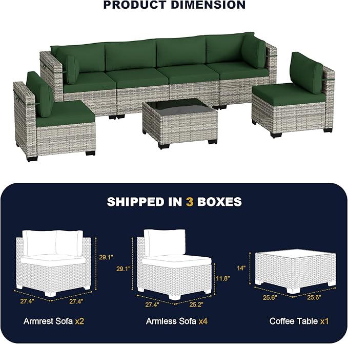 7-Piece Outdoor Patio Furniture Set, PE Wicker Rattan Sectional Sofa Conversation Set with Tempered Glass Table & Thick Cushions - All-Weather Garden, Backyard Furniture, Green