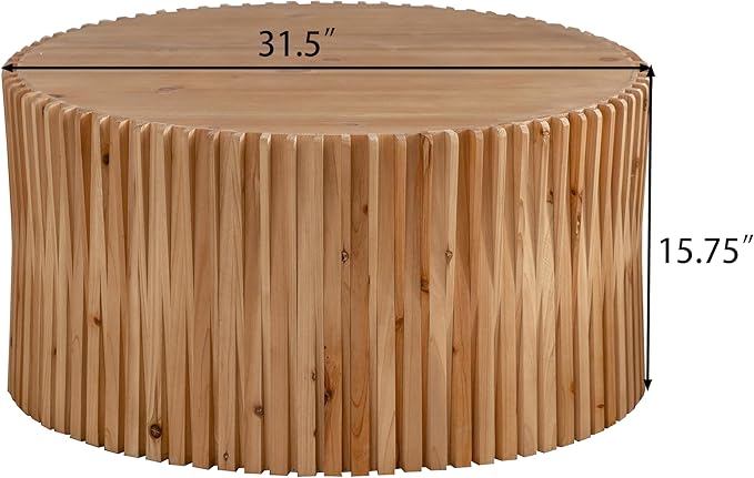 Round Wood Coffee Table, Drum Center Table with Fluted Pattern, 31.5 Inch Farmhouse Circle Coffee Table for Living Room, Office, Outdoor, Natural