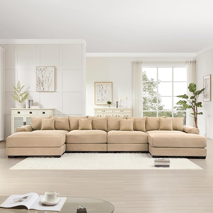 KEIKI 168" U-Shaped Oversized Corduroy Modular Cloud Sectional Sofa with 2 Ottoman, High-Density Foam Cushion, Extra-Thick Armrest, 4-Seater Fluffy Corner Couch with 12 Pillow, for Living Room, Camel