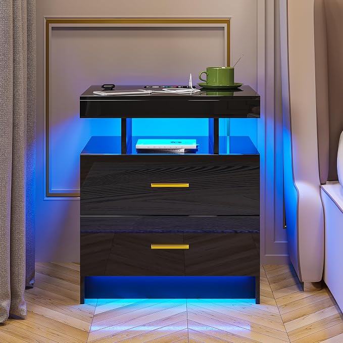 HNEBC Auto LED Nightstand with Wireless Charging Station & USB Ports,High Gloss Bedside Tables with 2 Drawers,Floating Nightstand with 3 Color & Adjustable Brightness for Bedroom,Black - Image 8