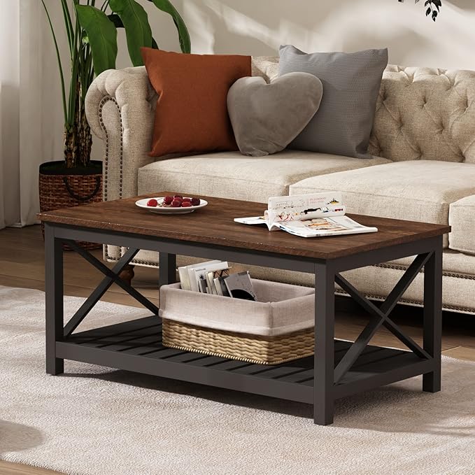 ChooChoo Coffee Table, Rustic Vintage Farmhouse Living Room Table with Shelf, 40 Black