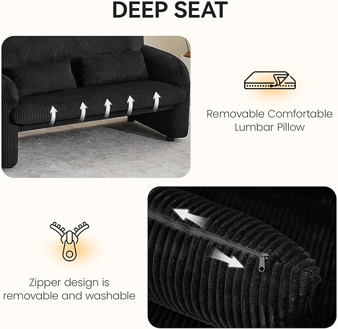 Morden Loveseat, Comfy Upholstered Corduroy Loveseat Sofa, 2-Seater Love Seat Couch for Living Room, Bedroom, Black