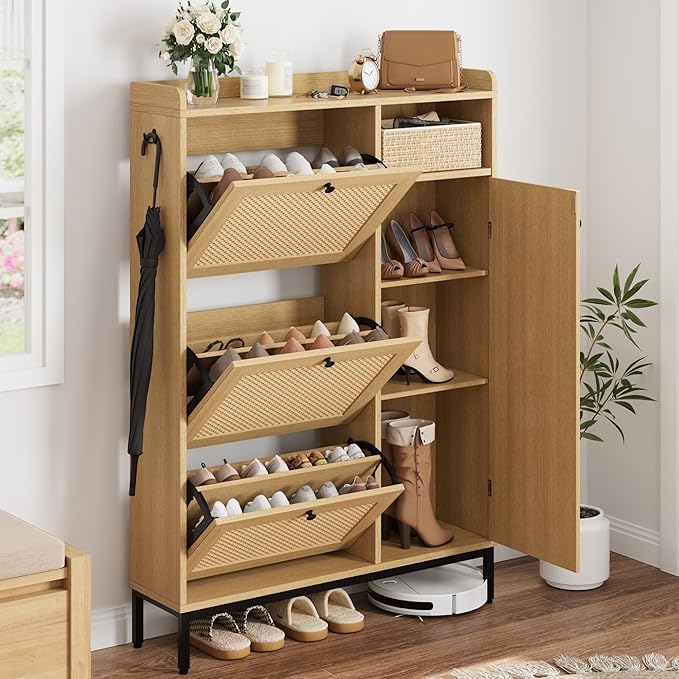 GarveeHome Shoe Cabinet Rattan with 3 Flip Drawers and 4-Tier Shoe Storage Cabinet, Freestanding Shoe Organizer with Adjustable Shelves for Entryway, Closet, Hallway (Light Oak) by GarveeHome