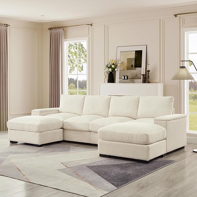 122" Oversized Modular Sectional Sofa Cloud Couch with 2 Ottomans, Comfy Corduroy Upholstered Deep Seat Large U Shaped Lounge Sofa&Couches with Hidden Arm Storage Box