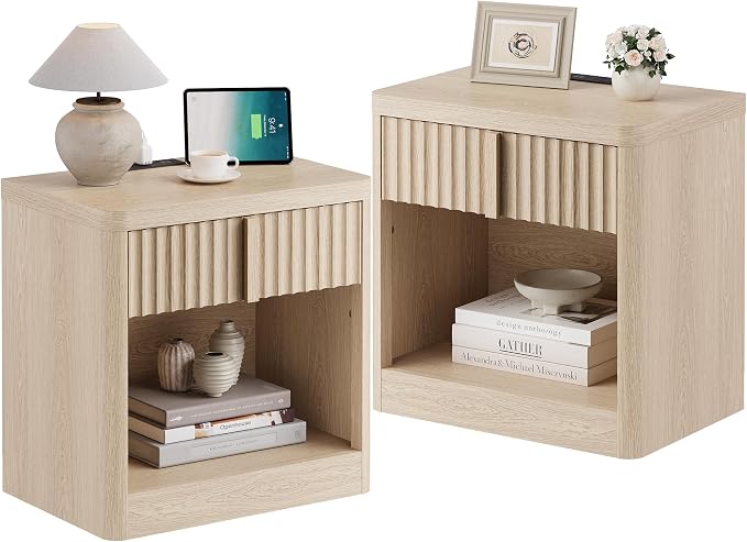 Fluted Nightstand Set of 2 with Charging Station, 23.6" Wood End Table with Solid Wood Handle, Curved Profile Design, Mid Century Moden Bedside Table for Bedroom, Living Room, Natural Oak by Harpaq