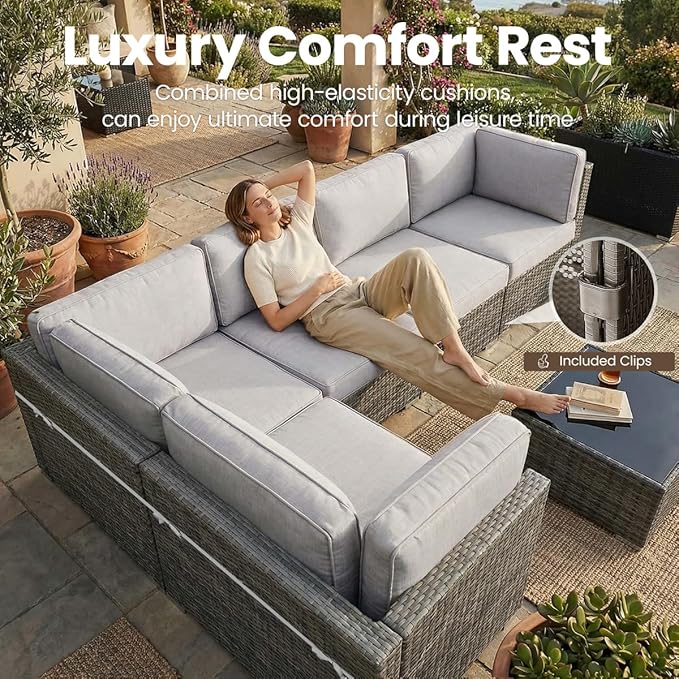 8 Pieces Patio Furniture Set with 44" Propane Gas Fire Pit Table, Outdoor Sectional Wicker Conversation Sofa Sets with Coffee Table