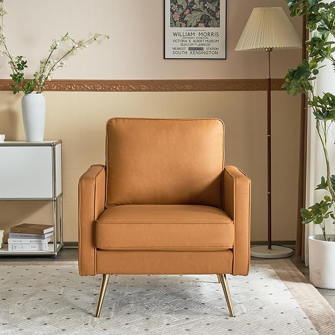 VINGLI PU Leather Accent Chair Brown Mid Century Modern Upholstered Sofa Chairs with Arms, Gold Legs for Living Room, Bedroom, Apartment