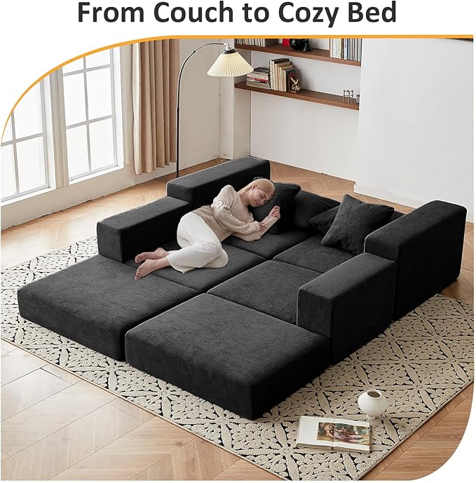 Modular Sectional Loveaeat Cloud Sofa, Boneless Couch with Non Slip Base, Cozy Sleeper Sofa for Customizable Living Spaces, Modern Modular Couch with L-Shape Chaise, Deep Seat & No Assembly, Black