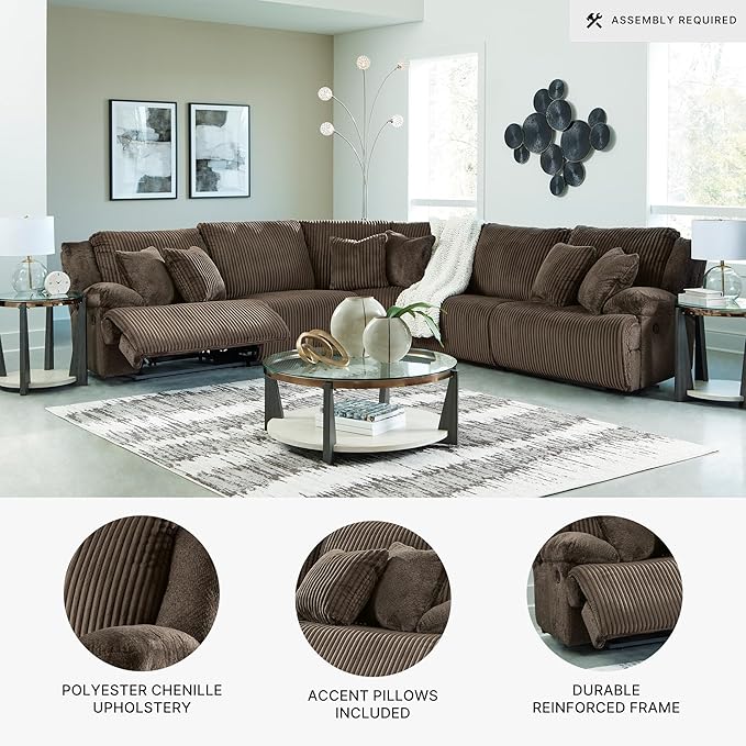 Signature Design by Ashley Top Tier Modern 5-Piece Reclining Sectional with Armrest and Throw Pillows, Dark Brown