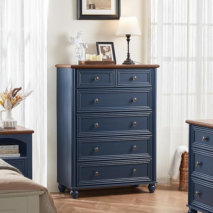 RWYHG Farmhouse 6 Drawer Dresser, Blue Chest of Drawers, 43.5" Tall Dressers for Bedroom with Roman Column and Metal Handles, Rustic Wood Storage Organizer for Living Room, Hallway, Closet - Image 4