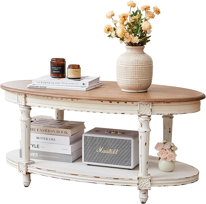BERRYMERRY 39" French Country Two Tone Oval Coffee Table,Chipped White Vintage 2 Tier Center Table with Storage for Living Room Office,Tool-Free Assembly (White)
