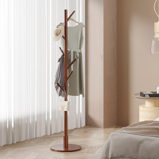 VECELO Coat Rack Freestanding, Entryway Hanger Stand, Umbrella Holder, Hall Tree With Hooks, Floor Standing Metal Tree Stand,Walnut by VECELO