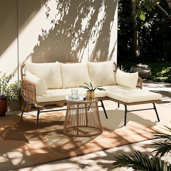 Bezseller 3-Piece Outdoor Patio Furniture Set – L-Shaped Rattan Sectional Sofa with Detachable Lounger, Glass Coffee Table & 4" Cushions – All-Weather PE Wicker for Backyard, Porch, Poolside