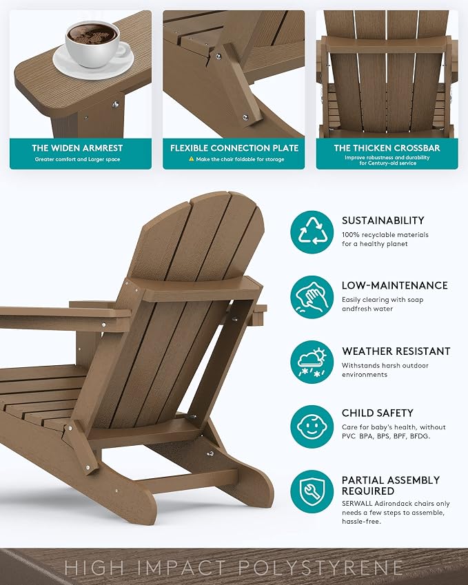 SERWALL Folding Adirondack Chair Set of 2 Outdoor Chairs Painted Adirondack Chair with Cup Holder Weather Resistant for Patio Deck Garden, Backyard Deck, Fire Pit- Brown - Image 6
