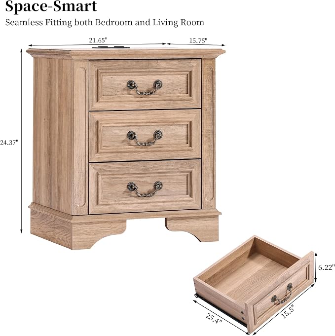 Farmhouse Night Stand with Charging Station, Bedside Table with 3 Drawers Storage and Outlets, Wood Nightstand for Bedroom, Living Room, Closet (Natural) - Image 2