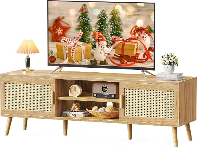 SUPERJARE Boho TV Stand for 65 Inch TV, Entertainment Center with Adjustable Shelf, Rattan TV Console with 2 Cabinets, Media Console, Solid Wood Feet, 4 Cord Holes, for Living Room - Natural by SUPERJARE