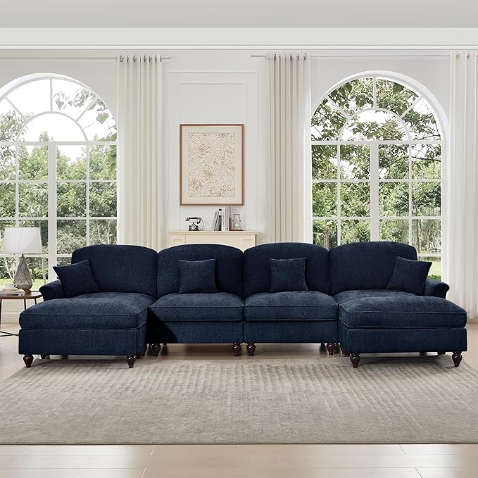 KEIKI Mid Century Modular Sofa with Flared Arms and Skirted Design, 137“ Oversized 4-Seater with 2 Ottomans Luxury Chenille U-Shaped Sectional Couches for Living Room, Chaise Lounge Indoor, Blue