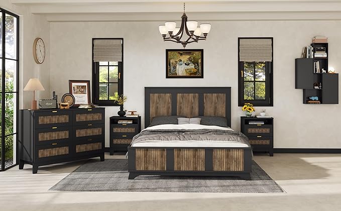 Harper & Bright Designs 4-Pieces Bedroom Sets, Queen Size Platform Bed with 2 Nightstands and A 6-Drawer Dresser, Queen Size Bedroom Set with Wooden Strip Decoration, Black