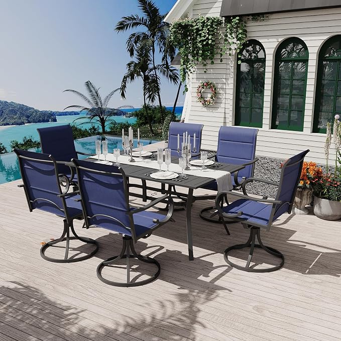 MELLCOM Swivel Outdoor Chairs Set of 8, High Back Padded Textilene Patio Dining Chairs with E-Coating Metal Frame, All-Weather Outdoor Furniture Rocker for Backyard, Porch, Garden, Lawn, Blue - Image 9