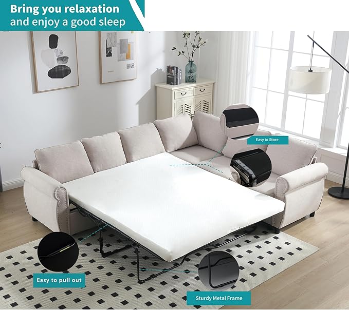 Ball & Cast 104" Sleeper Sofa Bed, L Shaped 6 Seater Sectional Sofa Couch with Pull Out Bed, 2 in 1 Pull Out Couch for Living Room, Office, Apartment,Beige