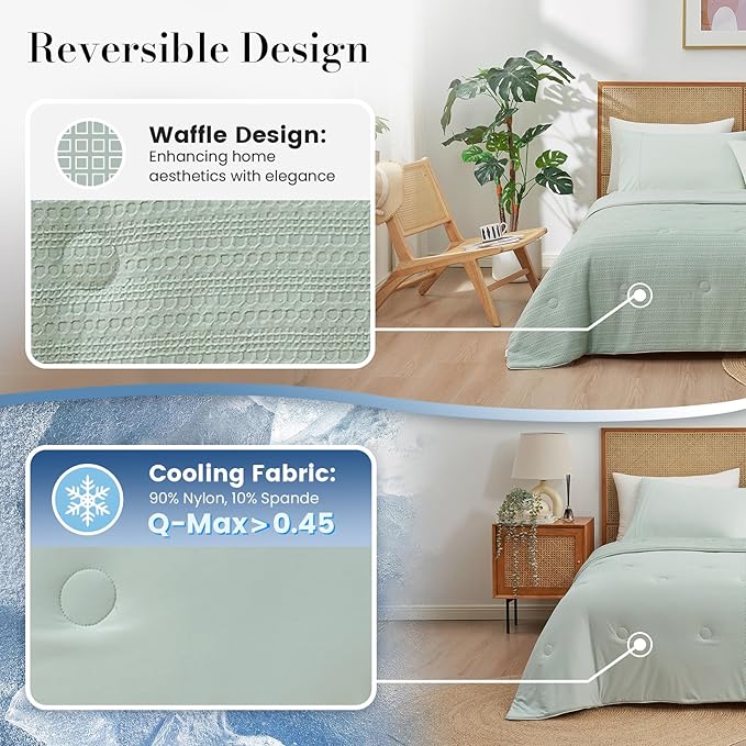 Amélie Home Waffle Cooling Comforter King Size, Q-Max 0.45 Reversible Lightweight Cooling Blanket for Hot Sleepers, Breathable Bedding for Night Sweats, 106"x90", Sage Green