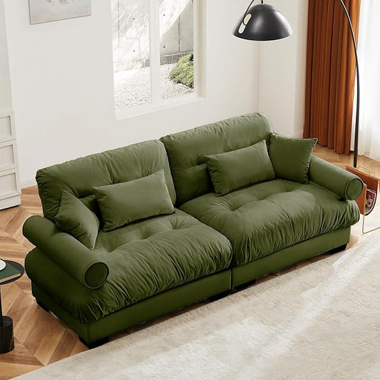 KEIKI 94" Oversized Velvet Modular Sectional Loveseat Sofa with High-Density Foam Cushions and Bolstered Armrests, Upholstered Modern Style 2-Seater Cloud Couch with 4 Pillow, for Living Room, Green