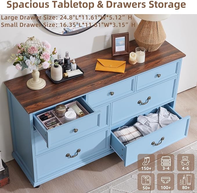 Joaxswe Farmhouse 7 Drawers Dresser for Bedroom, Light Blue 54 Inch Wide Chest of Drawers w/ 4 Wooden Legs, Large Vintage Rustic Closet Dressers for Living Room, Wood TV Stand with Storage Organizer - Image 4