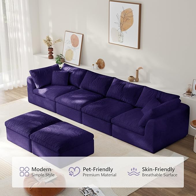 138" Modular Sectional Sofa Boneless Cloud Couch for Living Room, U Shape Deep Seat Recliner Sofa with Ottoman, Adjustable Backrest & 2 Throw Pillows - Covers Washable, (Purple, 4 Seater+2 Ottoman)