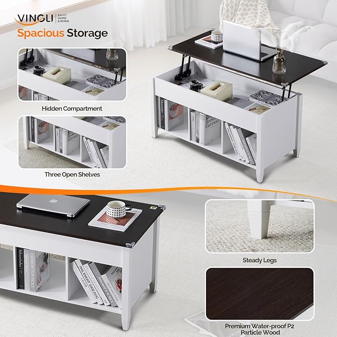 VINGLI Farmhouse Lift Top Coffee Table, Rustic Grey with Storage Shelf/Hidden Compartment, Mesa De Centro para Sala, Rustic Brown (White Brown, 40" L)