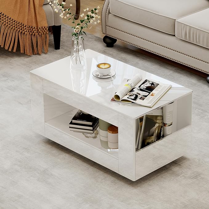 35" High Gloss Wood Coffee Table for Living Room, Sides Storage with Transparent Legs, Modern 2-Tier Storage Shelf Center Table for Home Office, Apartment, White