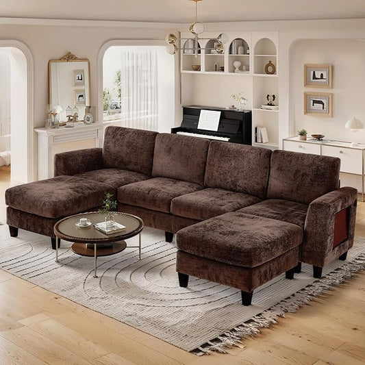 118" Sectional U-Shaped Cloud Couch, Modular Modern 4-Seat Sofa, with USB Type C Ports, Foldable Side Table and 2 Ottomans, for Home Living Room, Brown