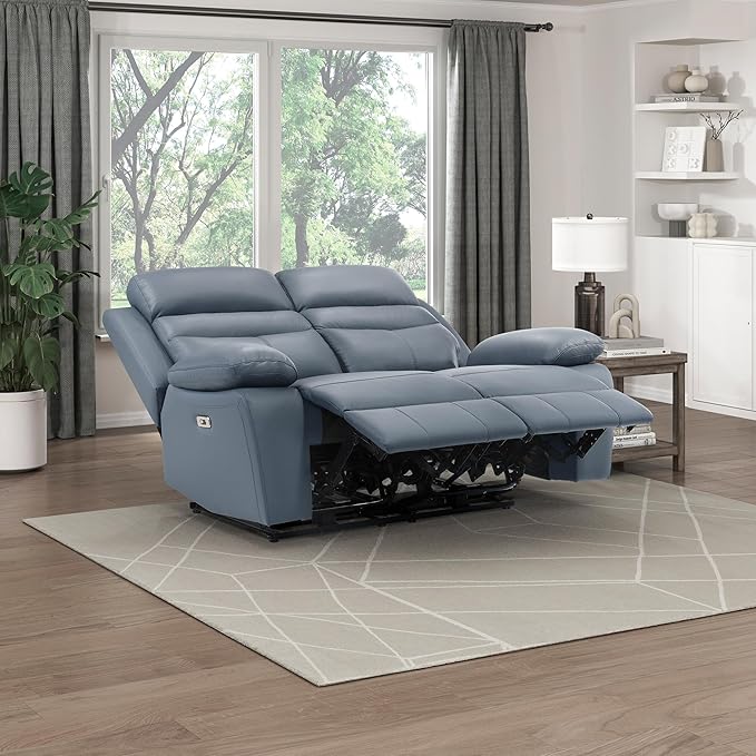 Lexicon 64" W Power Double Reclining Loveseat, with USB Charging Port, Wall Hugger Leather Match Reclining Love Seat, for Living Room, Apartment, Easy Assembly, Blue