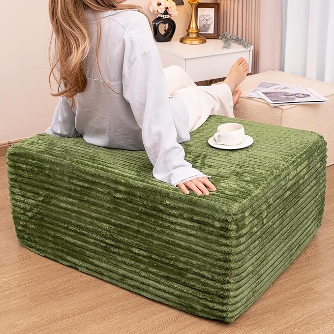 37.4 Inch Oversized Ottoman for Couch, Corduroy Upholstered Footrest with Compressed Memory Foam, Modular Sectional Cloud Pouf, No Assembly Required, DIY Combination, Green