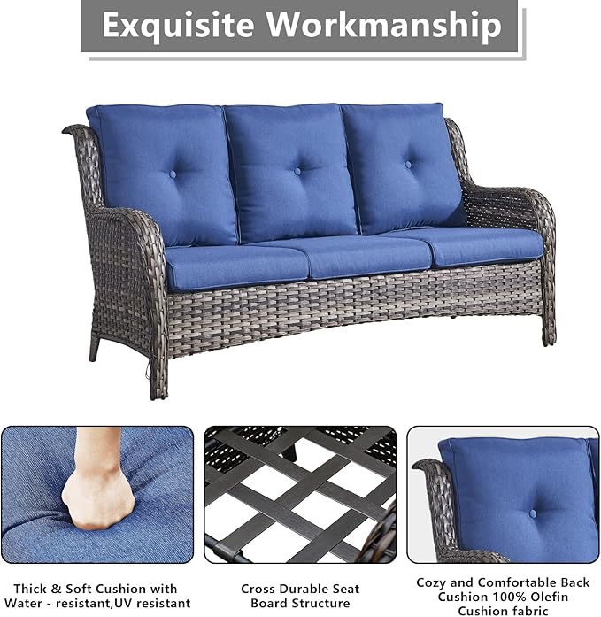 Rilyson Wicker Patio Furniture Set - 6 Piece Rattan Outdoor Sectional Conversation Sets with 1 Sofa,1 Loveseat,2 Armrest Chairs and 2 Ottomans for Porch Deck Garden(Mixed Grey/Blue)