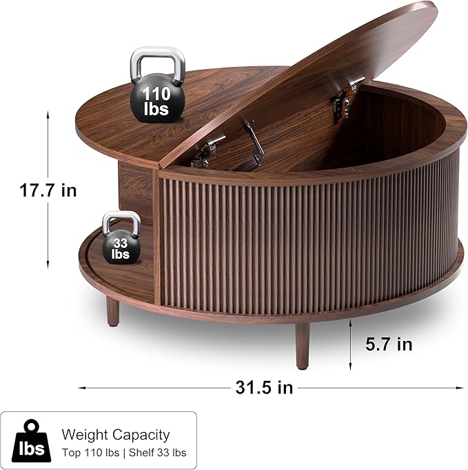 Round Coffee Table, Walnut 31.5" Fluted