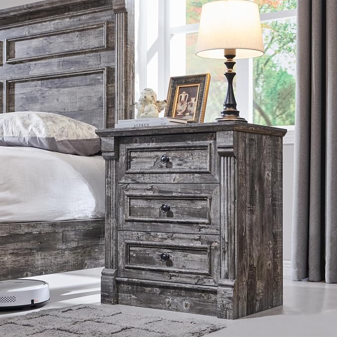 Aitjunz 26" Tall Farmhouse Nightstand, 3 Drawers End Table w/Charging Station, 23.6" Wide Large Side Table w/Roman Column, Wood Rustic Sofa Table for Bedroom, Light Gray by AITJUNZ