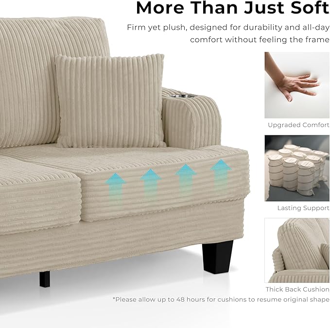 Homes: Inside + Out Reese Modern Plush Chenille Comfortable Loveseat with Side Pockets, Cup Holders and Pillows, Wooden Soft Couch for Living Room, Bedroom and Office, Beige
