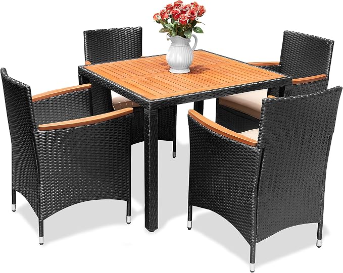 Flamaker 5 Piece Patio Dining Set Outdoor Acacia Wood Table and Chairs with Soft Cushions Wicker Patio Furniture for Deck, Backyard, Garden by Flamaker