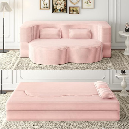 KEIKI Corduroy Floor Sofa Convertible Couch, Full Size 15" Foam Folding Mattress Sleeper Sofa Bed with 2 Pillows, Lounge Floor Couch for Bedroom & Living Room, Baby Pink