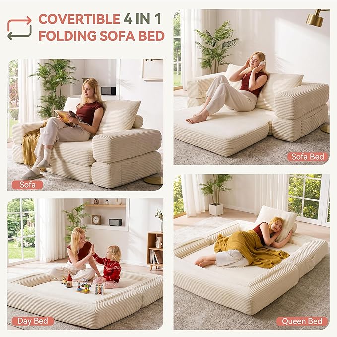 4-in-1 Convertible Folding Sofa Bed, 76 Inch Queen Size Foldable Sleeper Sofa Bed, Wide Corduroy Upholstery, Boneless Mattress Couch with Armrests & Neck Pillow for Living/Bedroom - Beige