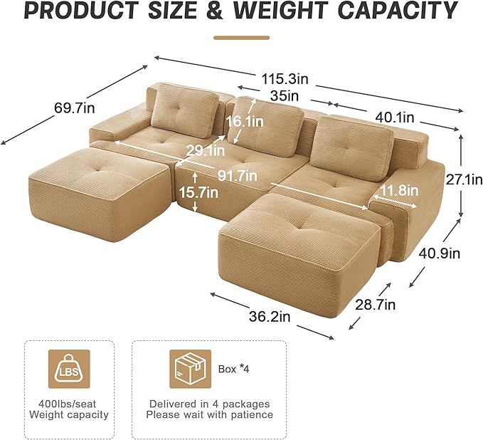 Casaphoria 115'' Camel Modular Sofa Set, 3-Seat U-Shaped Corduroy Couch with 2 Ottomans for Large Living Room No Assembly Required Deep Seat Sectional Couch